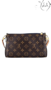 Sold Attire Louis Vuitton Monogram Pallas Clutch in brown coated canvas with Blue Marine leather trim and gold chain.