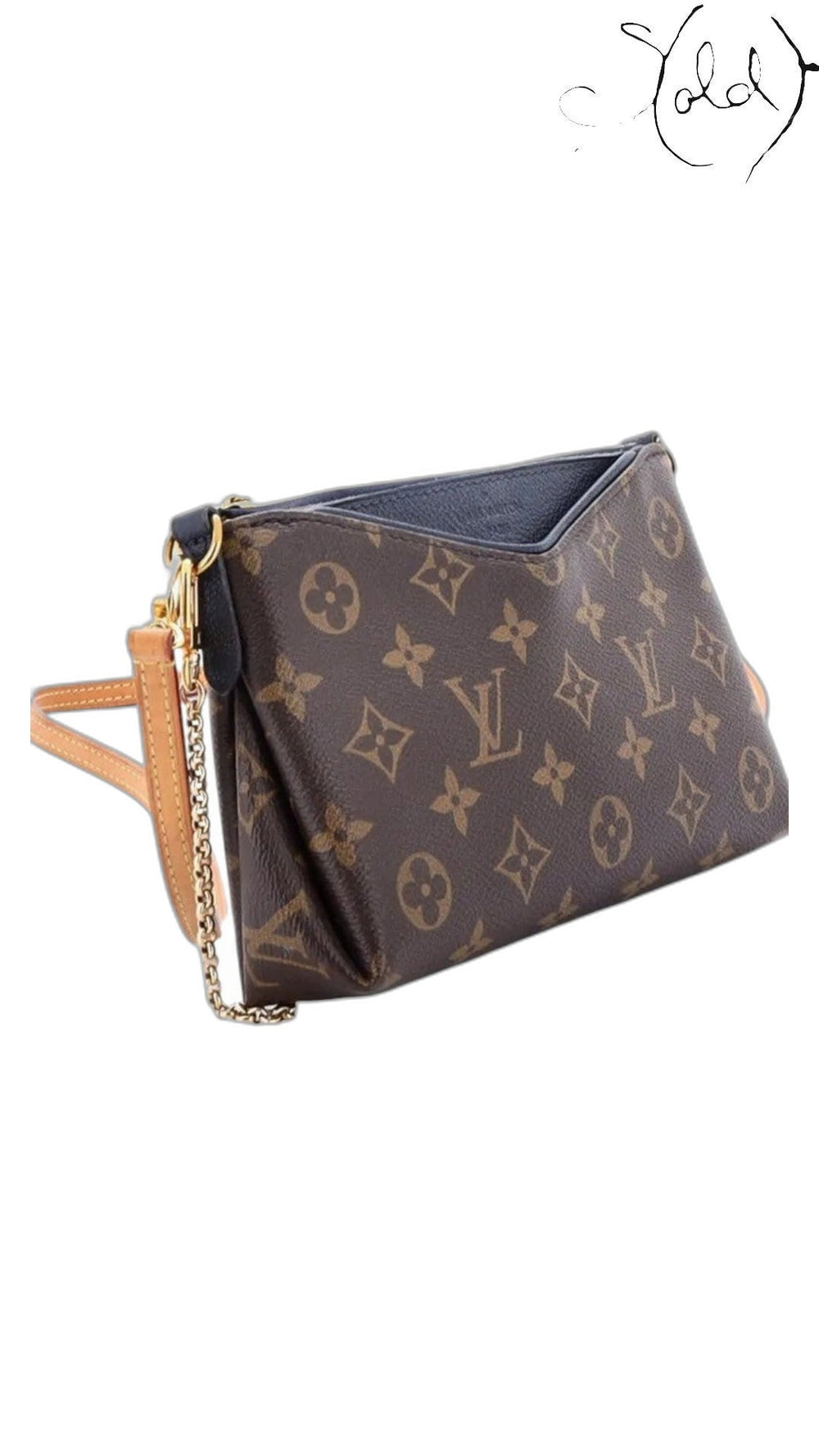 Sold Attire Louis Vuitton Pallas Clutch in brown Monogram canvas with Blue Marine leather trim and gold chain strap.