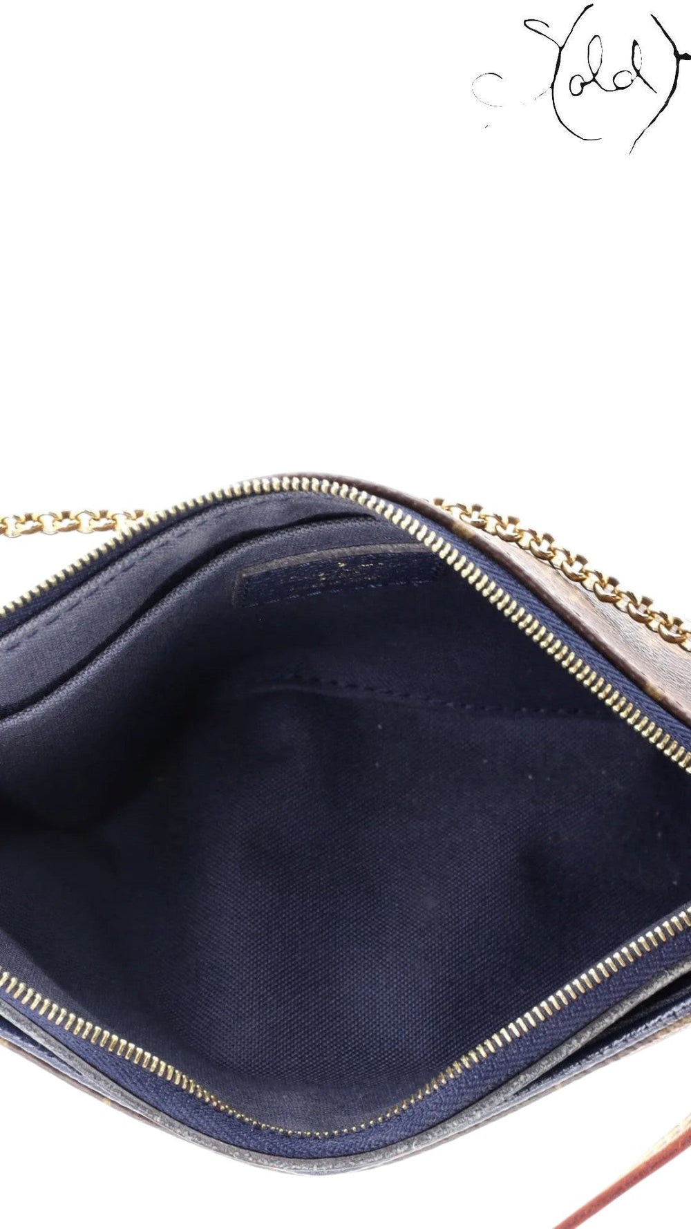 Interior of Sold Attire Louis Vuitton Pallas Clutch showing black textile lining, gold zipper, and chain hardware