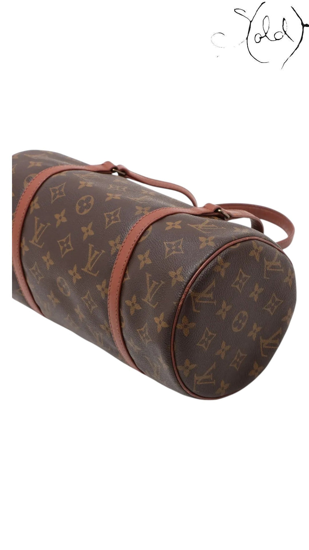 Sold Attire vintage Louis Vuitton Papillon 30 barrel bag in brown Monogram coated canvas with natural leather trim.