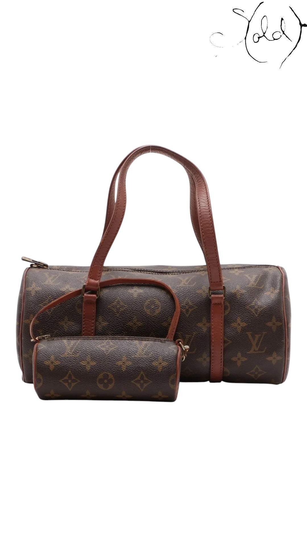 Sold Attire vintage Louis Vuitton Papillon 30 barrel bag in brown Monogram coated canvas with vachetta leather handles.