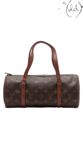 Sold Attire vintage Louis Vuitton Papillon 30 barrel bag in brown Monogram coated canvas with vachetta leather handles