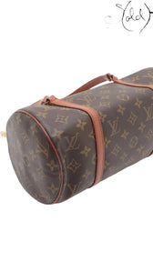 Sold Attire Louis Vuitton Monogram Papillon 30 with pouch, brown coated canvas and vachetta leather trim, cylindrical shape.