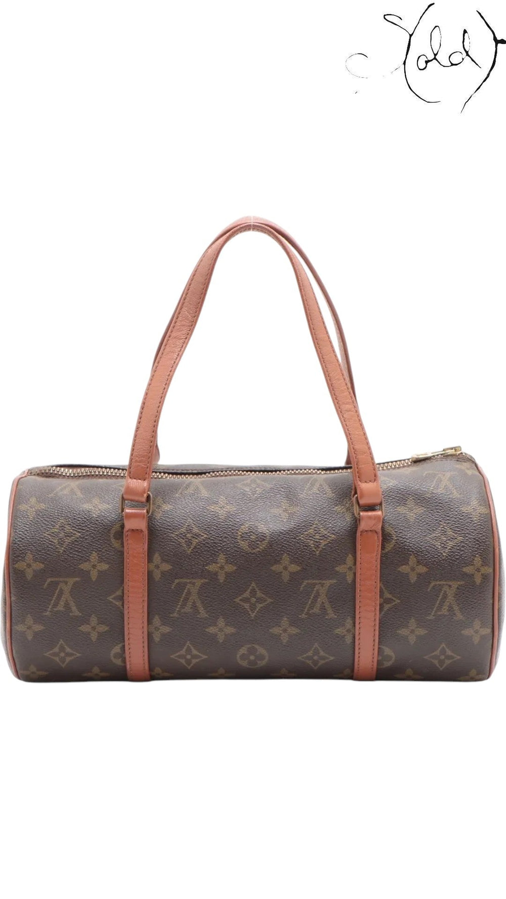 Sold Attire brown Louis Vuitton Monogram Papillon 30 with pouch, coated canvas and vachetta leather trim, brass hardware, top zip closure.