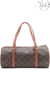 Sold Attire brown Louis Vuitton Monogram Papillon 30 with pouch, coated canvas and vachetta leather trim, brass hardware, top zip closure.