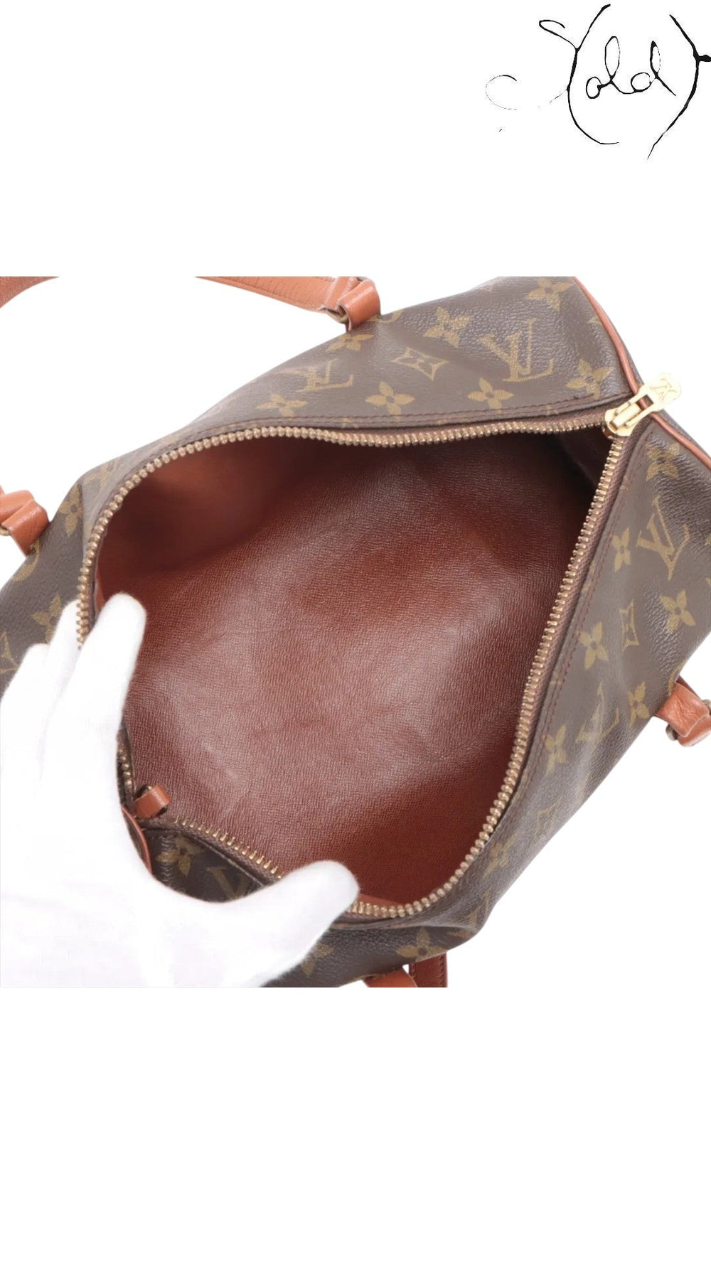 Sold Attire brown Louis Vuitton Monogram Papillon 30 bag with leather trim and brass hardware, open top showing interior.