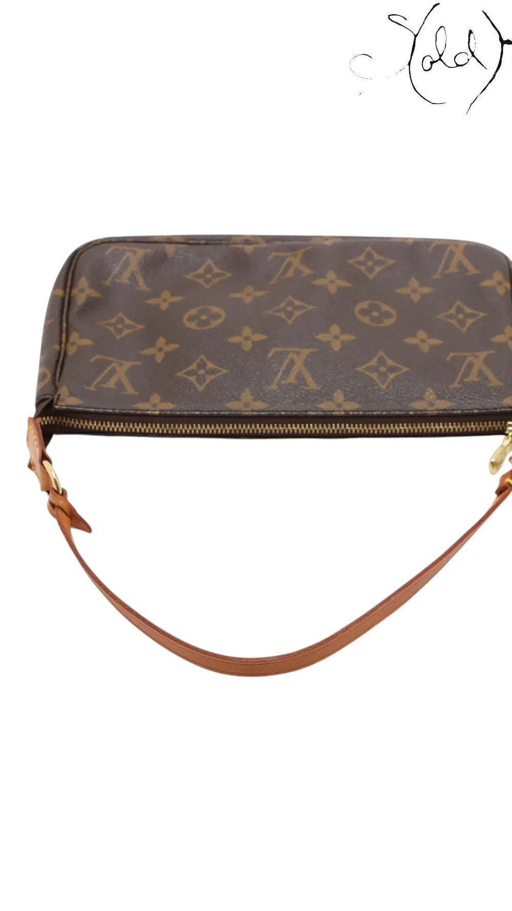 Sold Attire brown Monogram coated canvas Pochette Accessoires with leather strap and gold-tone hardware.