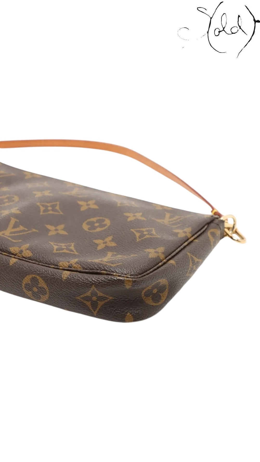 Sold Attire brown Monogram coated canvas Pochette Accessoires bag with leather strap and gold-tone hardware.