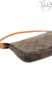 Sold Attire brown Monogram coated canvas Pochette Accessoires bag with leather strap and gold-tone hardware.