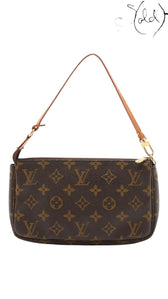 Sold Attire brown Monogram coated canvas Pochette Accessoires bag with leather strap and gold-tone hardware.