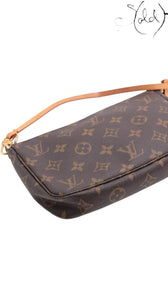 Sold Attire pre-owned Louis Vuitton Monogram Pochette Accessoires in brown coated canvas with natural leather strap