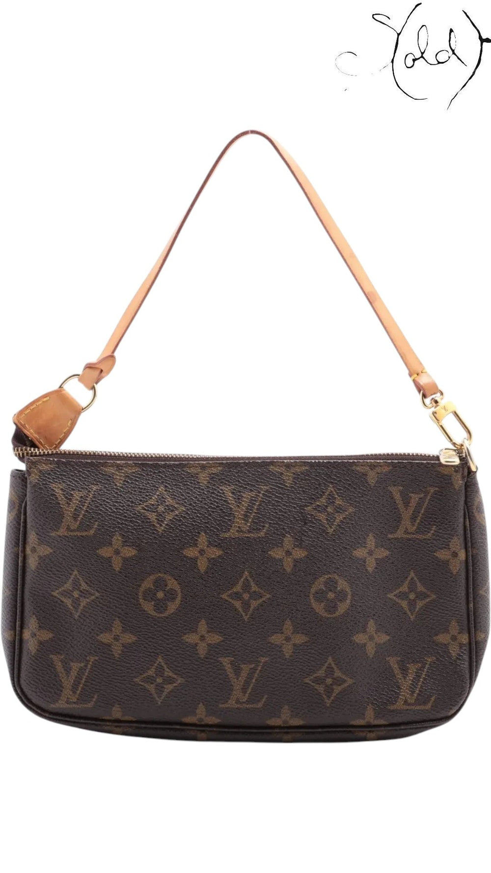 Sold Attire pre-owned Louis Vuitton Pochette Accessoires in brown Monogram canvas with vachetta leather strap.
