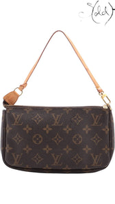 Sold Attire pre-owned Louis Vuitton Pochette Accessoires in brown Monogram canvas with vachetta leather strap.