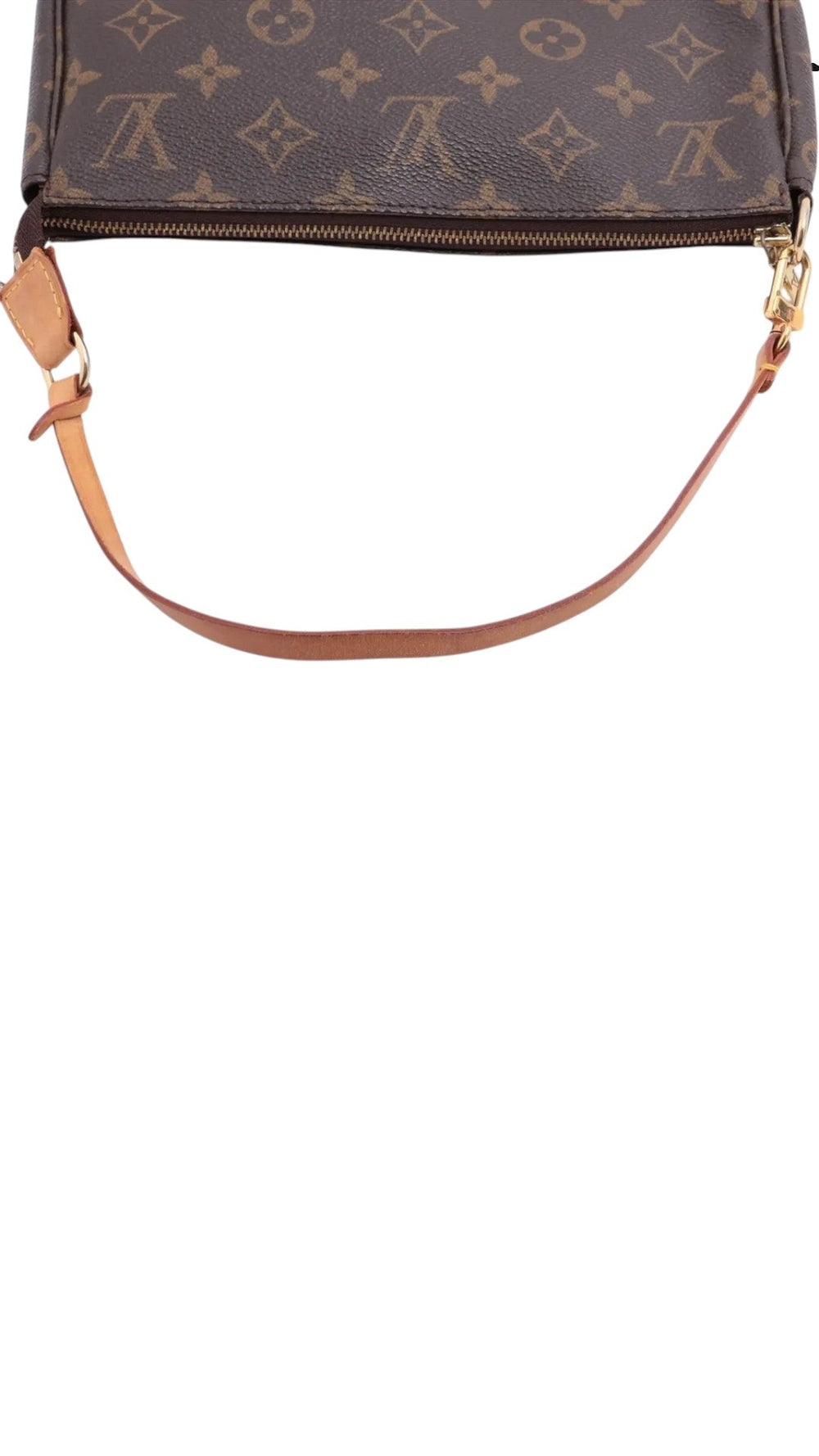 Sold Attire pre-owned Louis Vuitton Pochette Accessoires in brown Monogram coated canvas with vachetta leather strap.