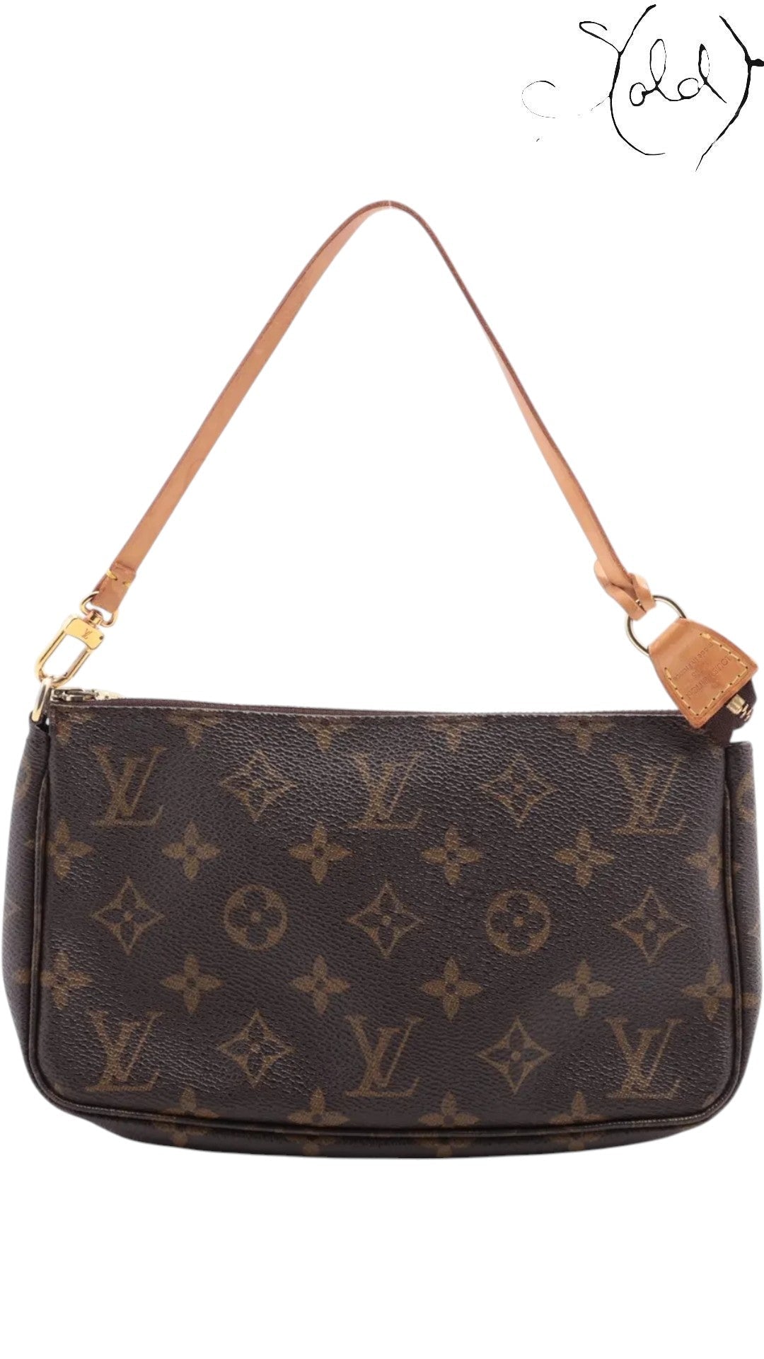 Sold Attire pre-owned Louis Vuitton Pochette Accessoires in brown Monogram coated canvas with vachetta leather strap.