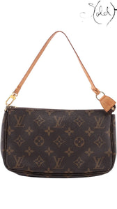 Sold Attire pre-owned Louis Vuitton Pochette Accessoires in brown Monogram coated canvas with vachetta leather strap.