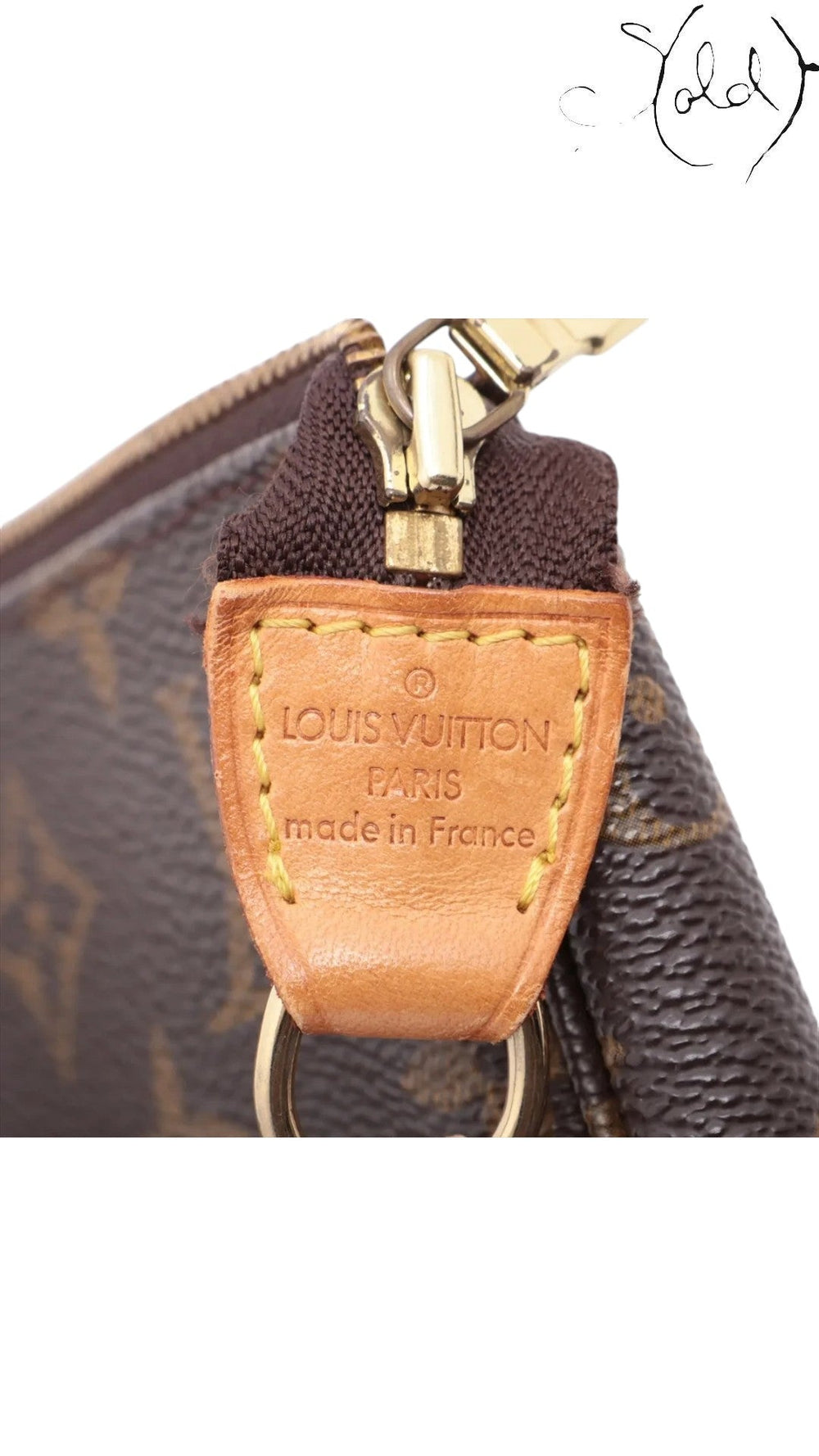 Sold Attire Louis Vuitton Pochette Accessoires monogram canvas detail with vachetta leather tab and gold hardware
