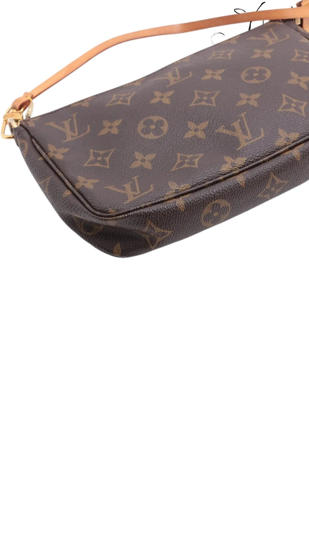Sold Attire pre-owned Louis Vuitton Pochette Accessoires in brown Monogram coated canvas with vachetta leather strap.
