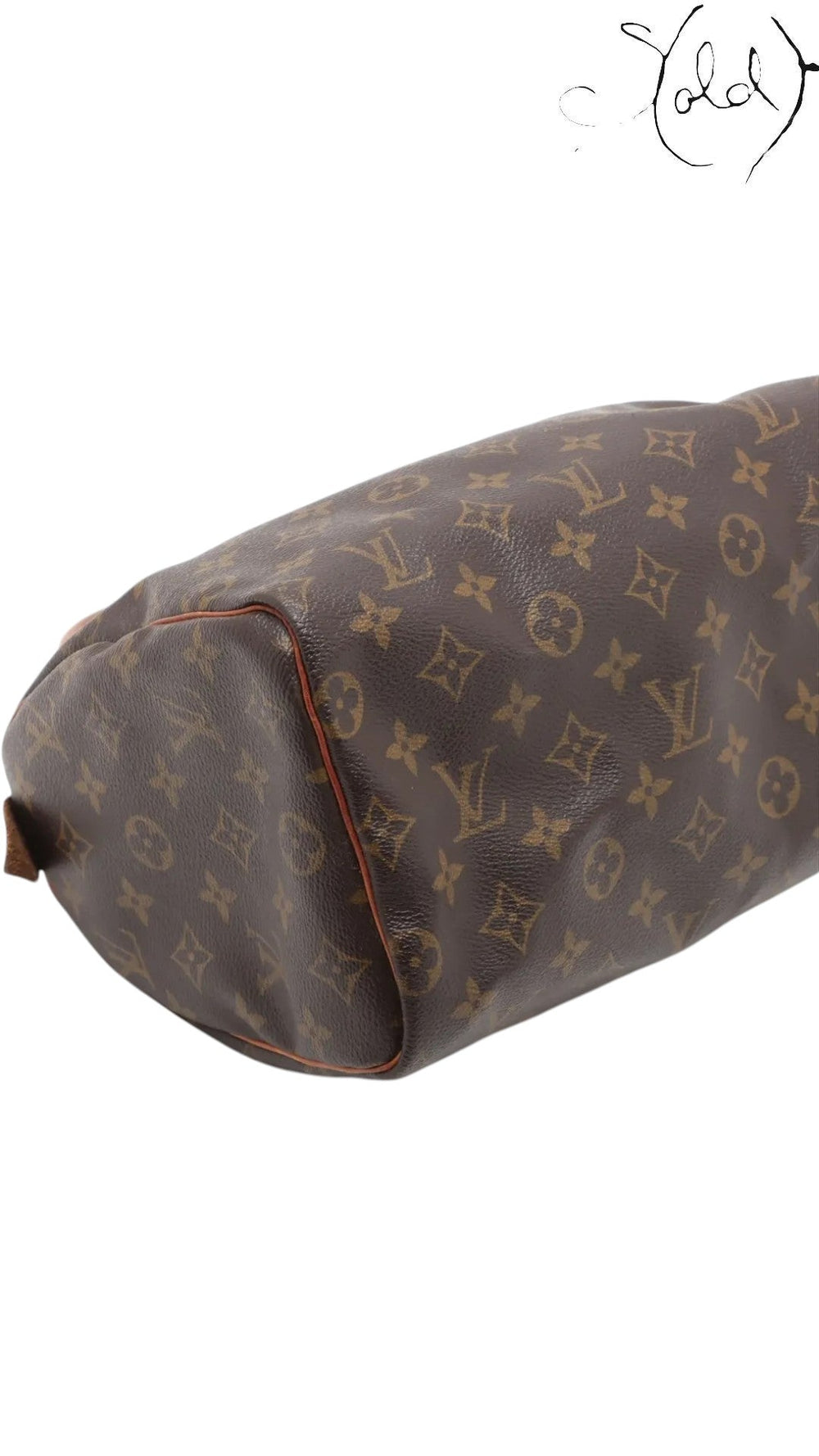 Sold Attire Louis Vuitton Monogram Speedy 25 brown coated canvas and vachetta leather trim.