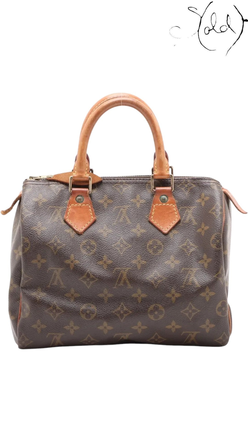 Sold Attire brown Louis Vuitton Monogram Speedy 25 coated canvas handbag with vachetta leather trim and brass hardware.
