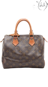 Sold Attire brown Louis Vuitton Monogram Speedy 25 coated canvas handbag with vachetta leather trim and brass hardware.