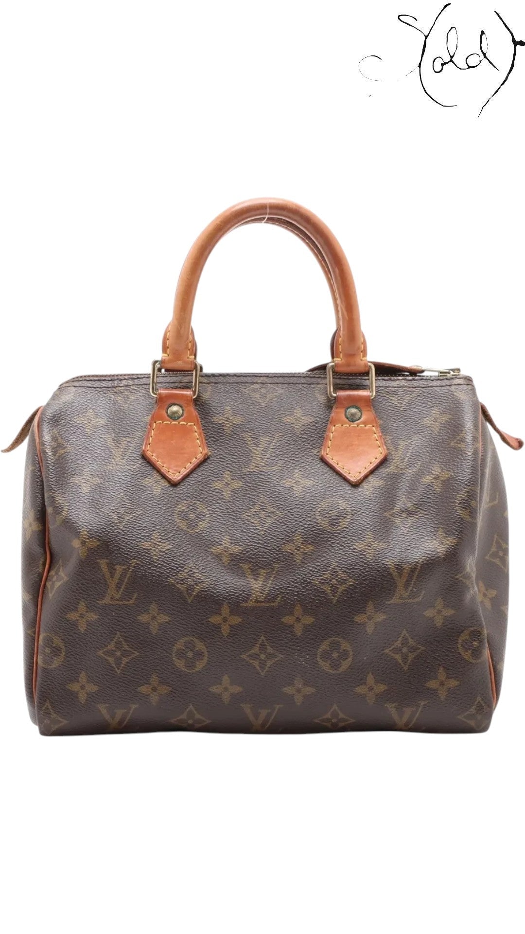 Sold Attire brown Louis Vuitton Monogram Speedy 25 coated canvas handbag with vachetta leather trim and brass hardware.