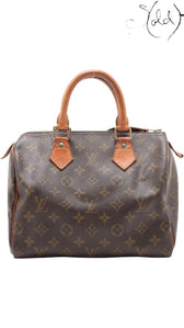 Sold Attire brown Louis Vuitton Monogram Speedy 25 coated canvas handbag with vachetta leather trim and brass hardware.