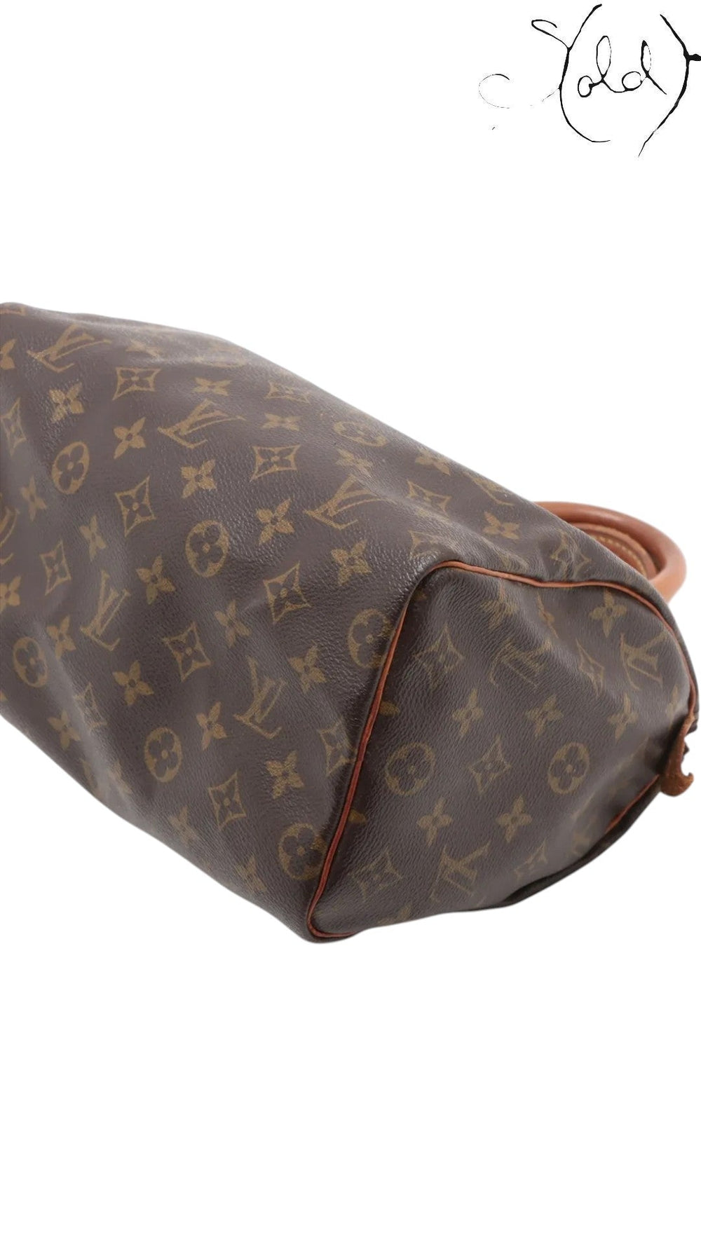 Sold Attire Louis Vuitton Monogram Speedy 25 brown coated canvas bag with vachetta leather trim and brass hardware.