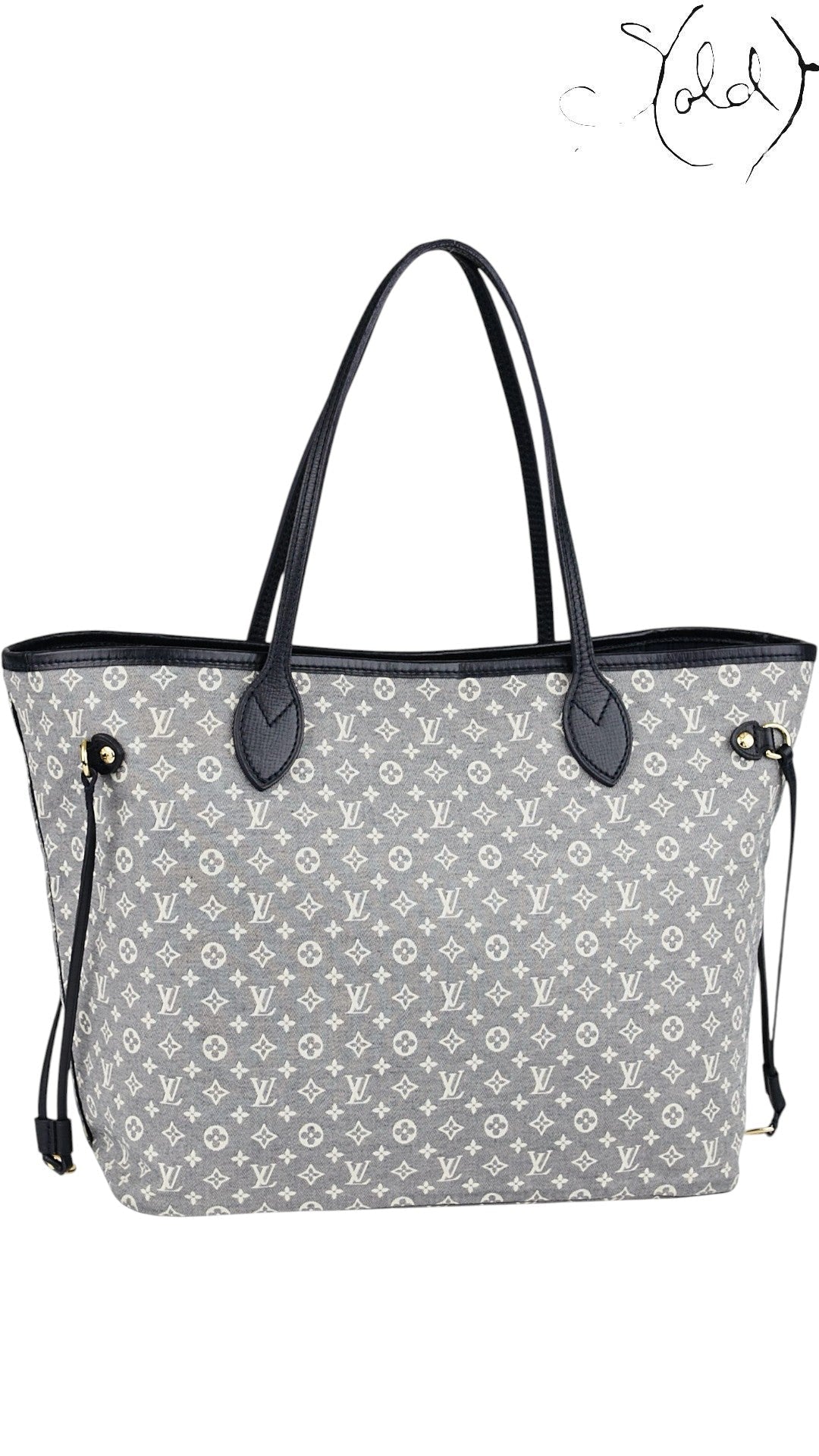 Sold Attire Louis Vuitton Neverfull MM tote in Encre Monogram Idylle canvas with navy calfskin leather trim.
