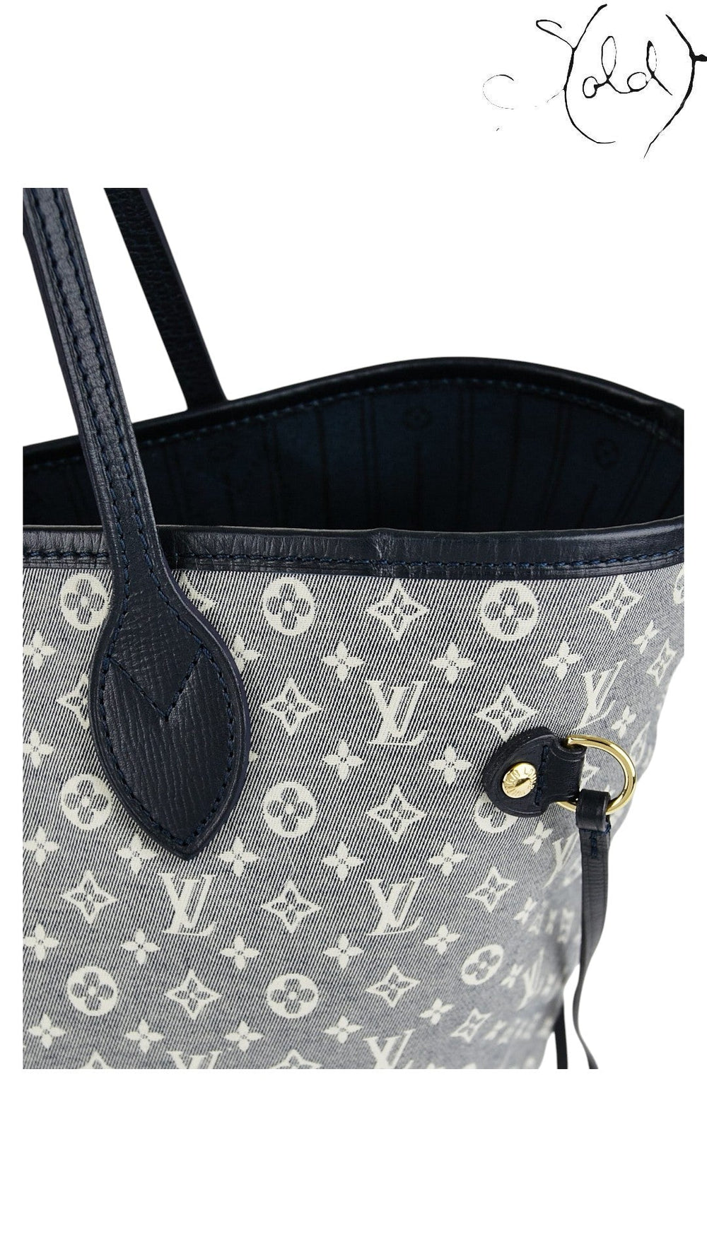 Sold Attire Louis Vuitton Neverfull MM tote in Encre Monogram Idylle canvas with navy calfskin trim and gold hardware.