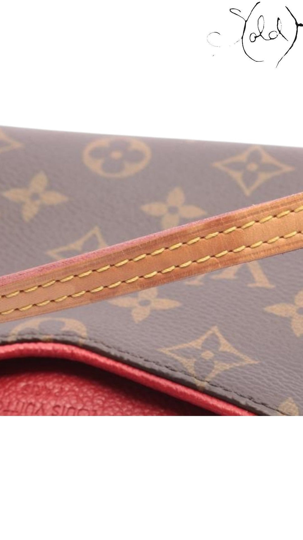 Sold Attire pre-owned Louis Vuitton Pallas Clutch in brown Monogram canvas with red leather trim and gold hardware.