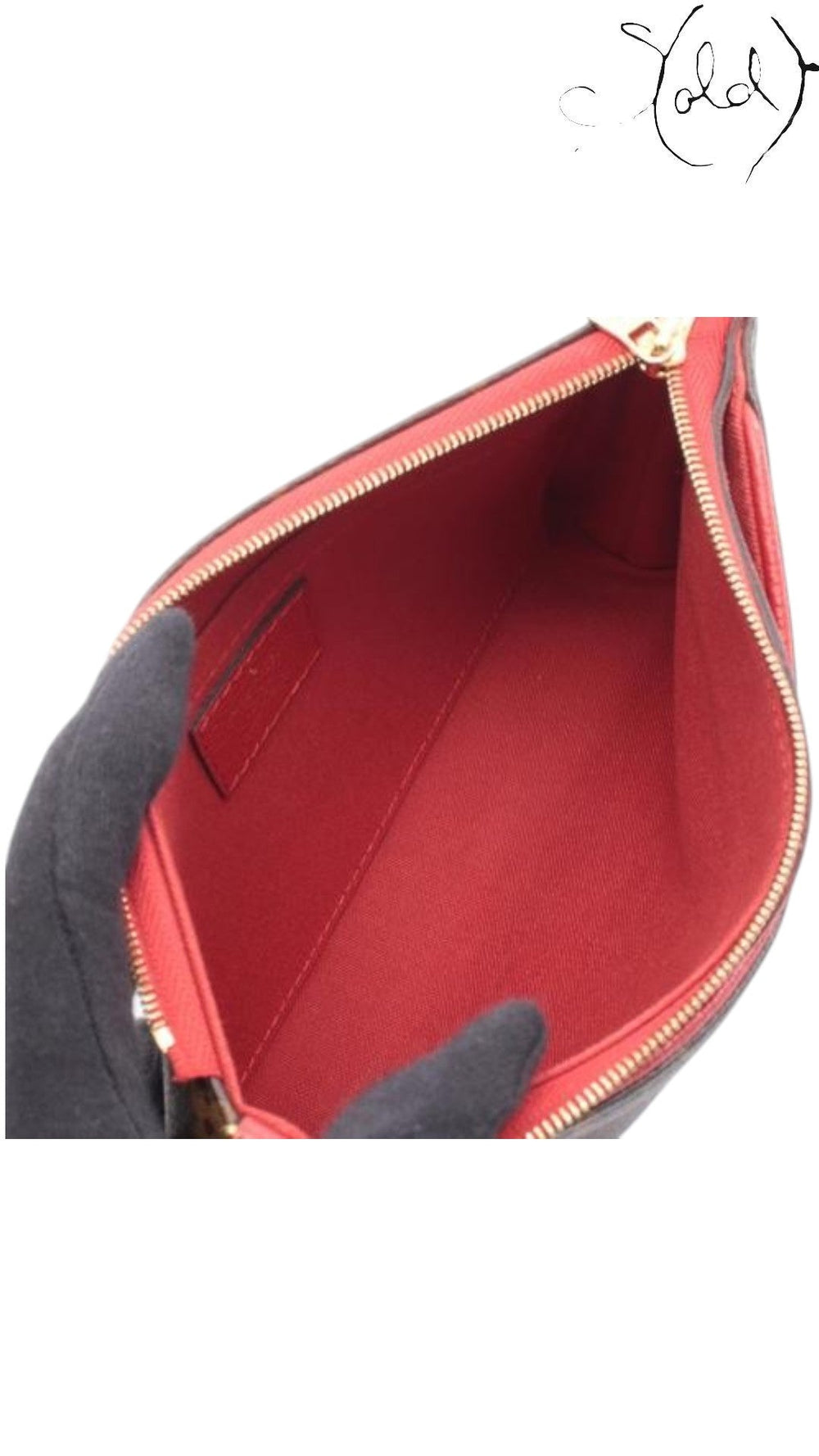 Sold Attire pre-owned Louis Vuitton Pallas Clutch in brown Monogram canvas with vibrant red textile interior lining.