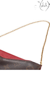Sold Attire Louis Vuitton Pallas Clutch in brown Monogram canvas with red leather trim and gold-tone chain strap.
