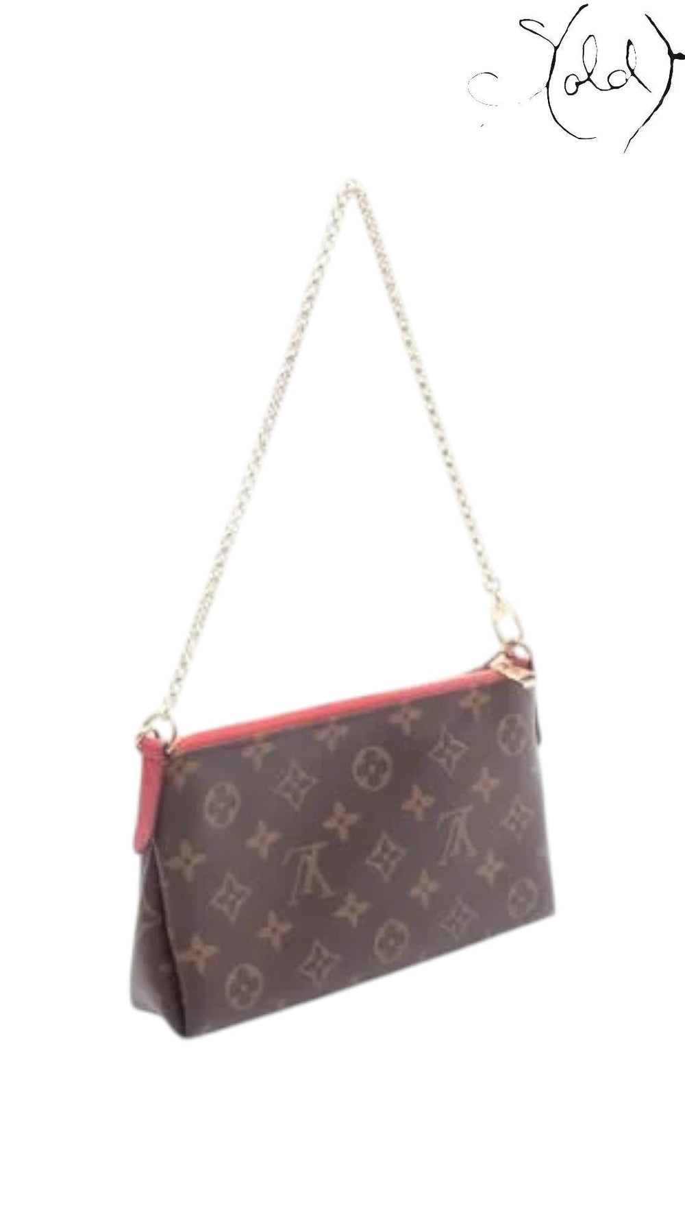 Sold Attire pre-owned Louis Vuitton Pallas Clutch in brown Monogram canvas with red leather trim and gold chain strap