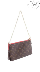 Sold Attire pre-owned Louis Vuitton Pallas Clutch in brown Monogram canvas with red leather trim and gold chain strap