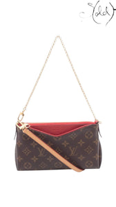 Sold Attire Louis Vuitton Pallas Clutch in brown Monogram canvas with red leather trim and gold-tone chain strap.