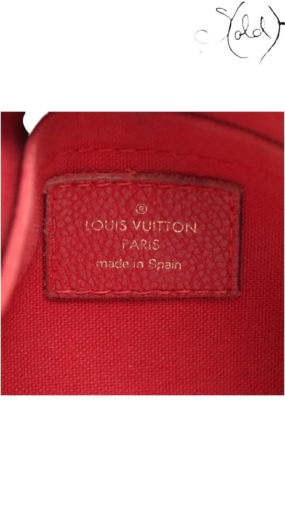 Sold Attire Louis Vuitton Pallas Clutch interior red leather heat stamp label made in Spain