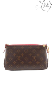 Sold Attire pre-owned Louis Vuitton Pallas Clutch in brown Monogram canvas with red leather trim and gold hardware.