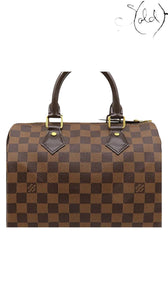 Sold Attire Louis Vuitton Speedy 25 in brown Damier Ebene coated canvas with leather trim and brass-tone hardware.
