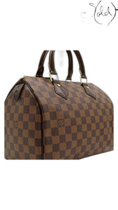 Sold Attire Louis Vuitton Speedy 25 handbag in brown Damier Ebene coated canvas with leather trim and brass hardware