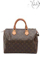Sold Attire Louis Vuitton Speedy 30 Monogram canvas handbag with natural Vachetta leather trim and handles, brass-tone hardware, and top zip closure.
