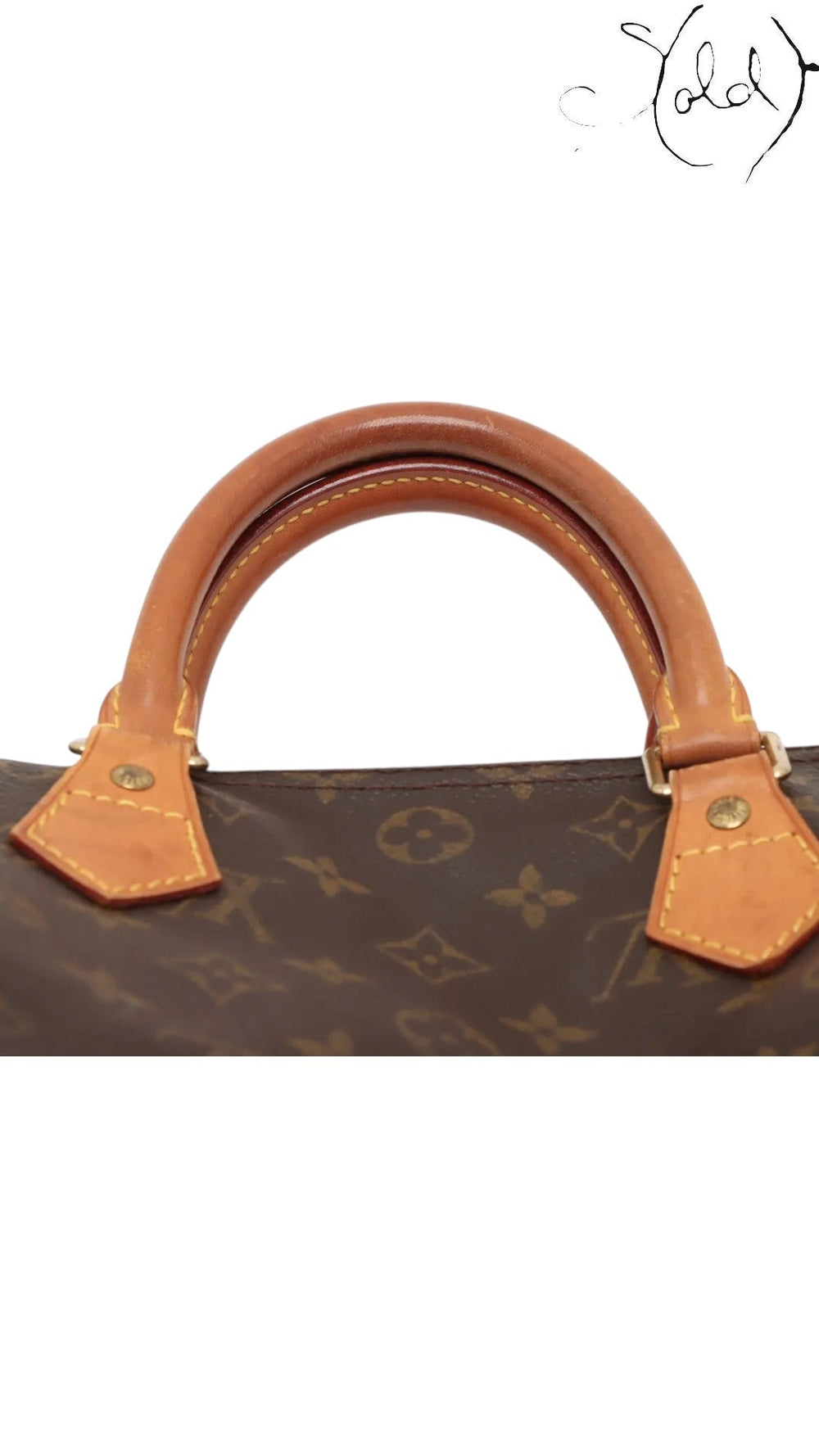 Sold Attire Louis Vuitton Speedy 30 Monogram canvas handbag with natural Vachetta leather trim and handles, circa 2000.