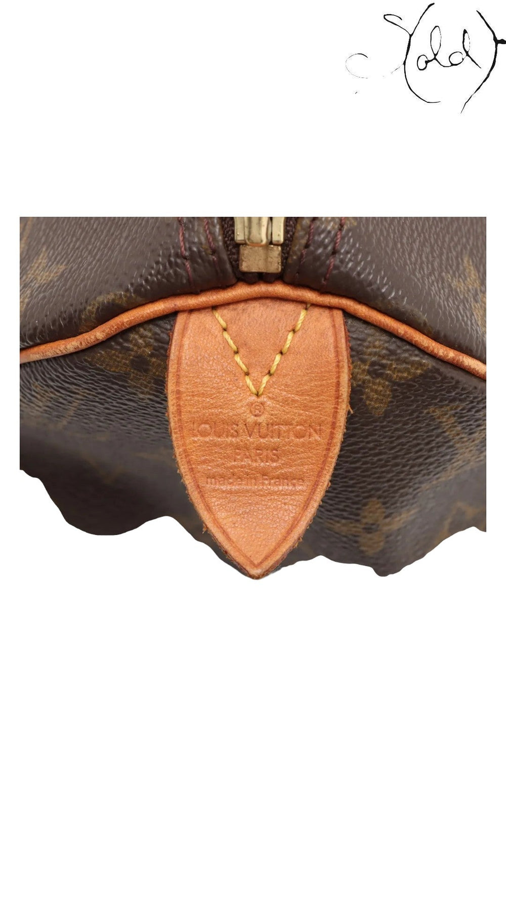 Sold Attire Louis Vuitton Speedy 30 Monogram canvas bag with Vachetta leather trim and brass-tone zipper. Made in France.