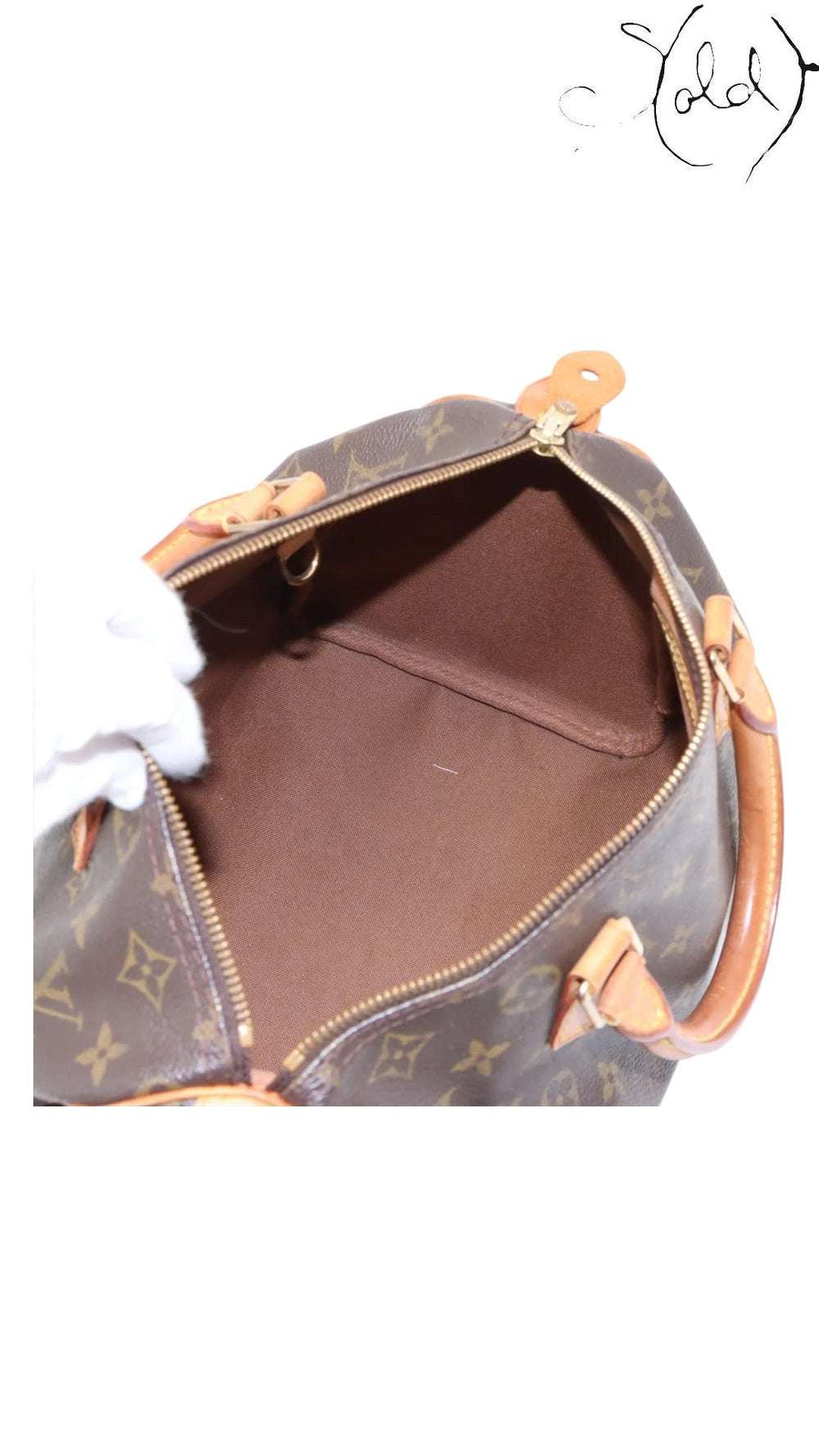 Sold Attire Louis Vuitton Speedy 30 Monogram canvas handbag with natural Vachetta leather trim and brass-tone hardware.