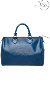 Sold Attire vintage Louis Vuitton Speedy 30 bag in Toledo blue Epi leather with gold-tone hardware and rolled handles.