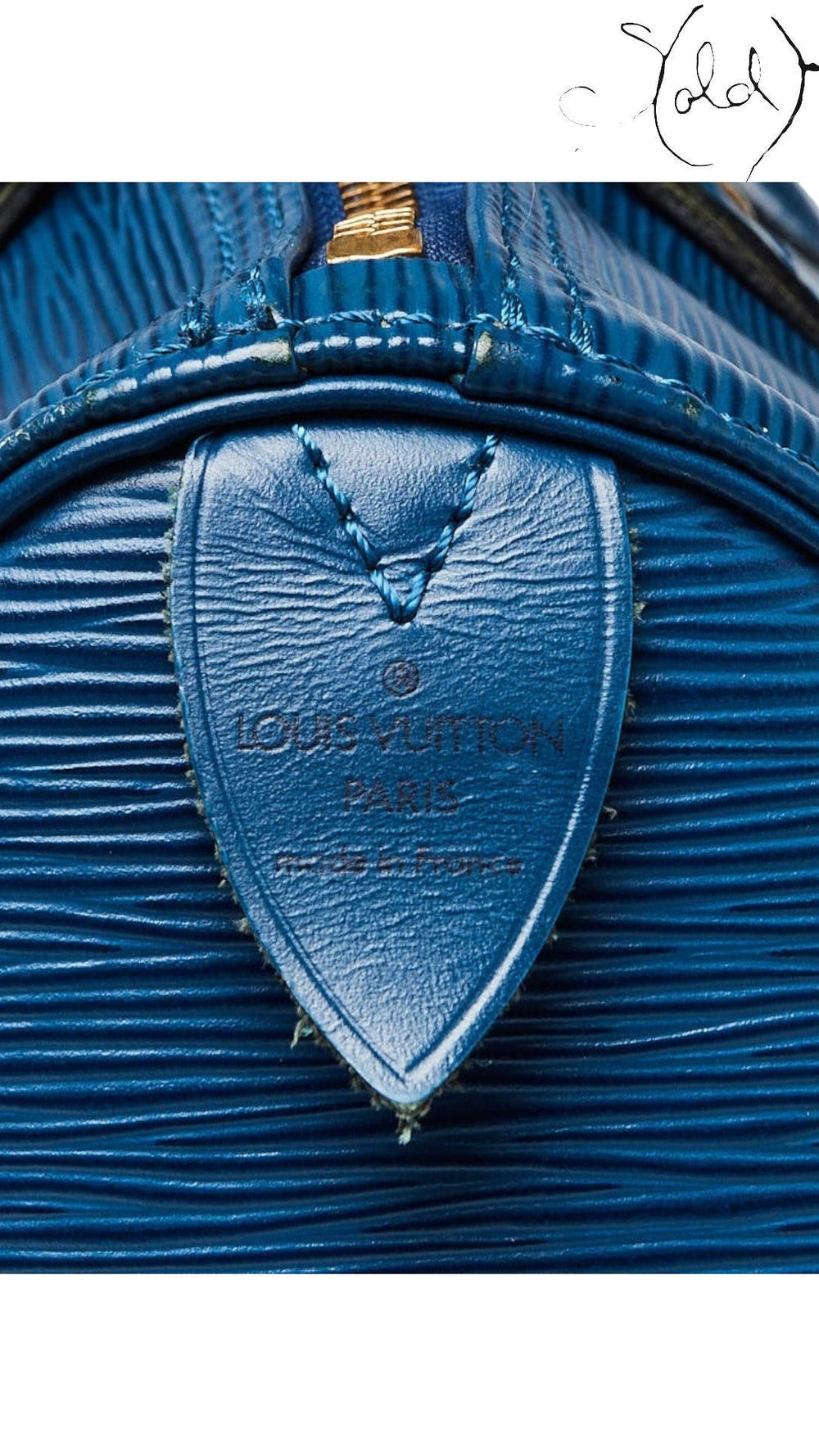 Sold Attire vintage Louis Vuitton Speedy 30 in Toledo blue Epi leather with gold-tone hardware and heat stamp detail.