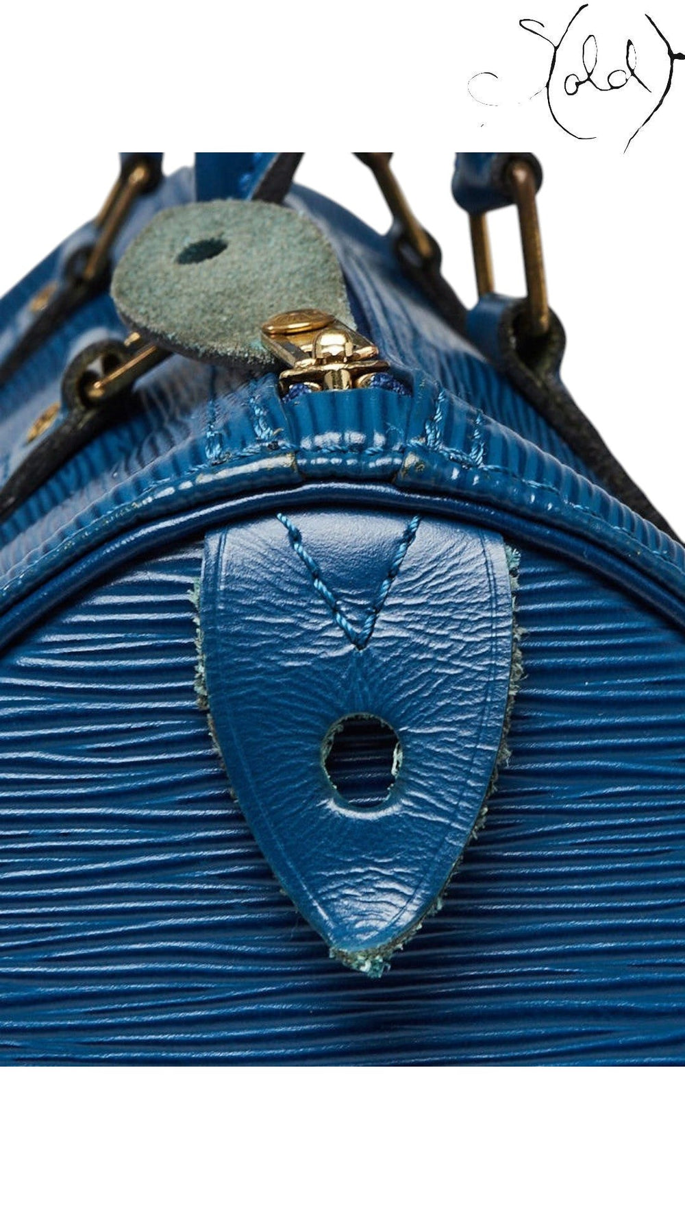 Sold Attire vintage Louis Vuitton Speedy 30 bag in Toledo blue Epi leather with gold-tone hardware and handle detail.