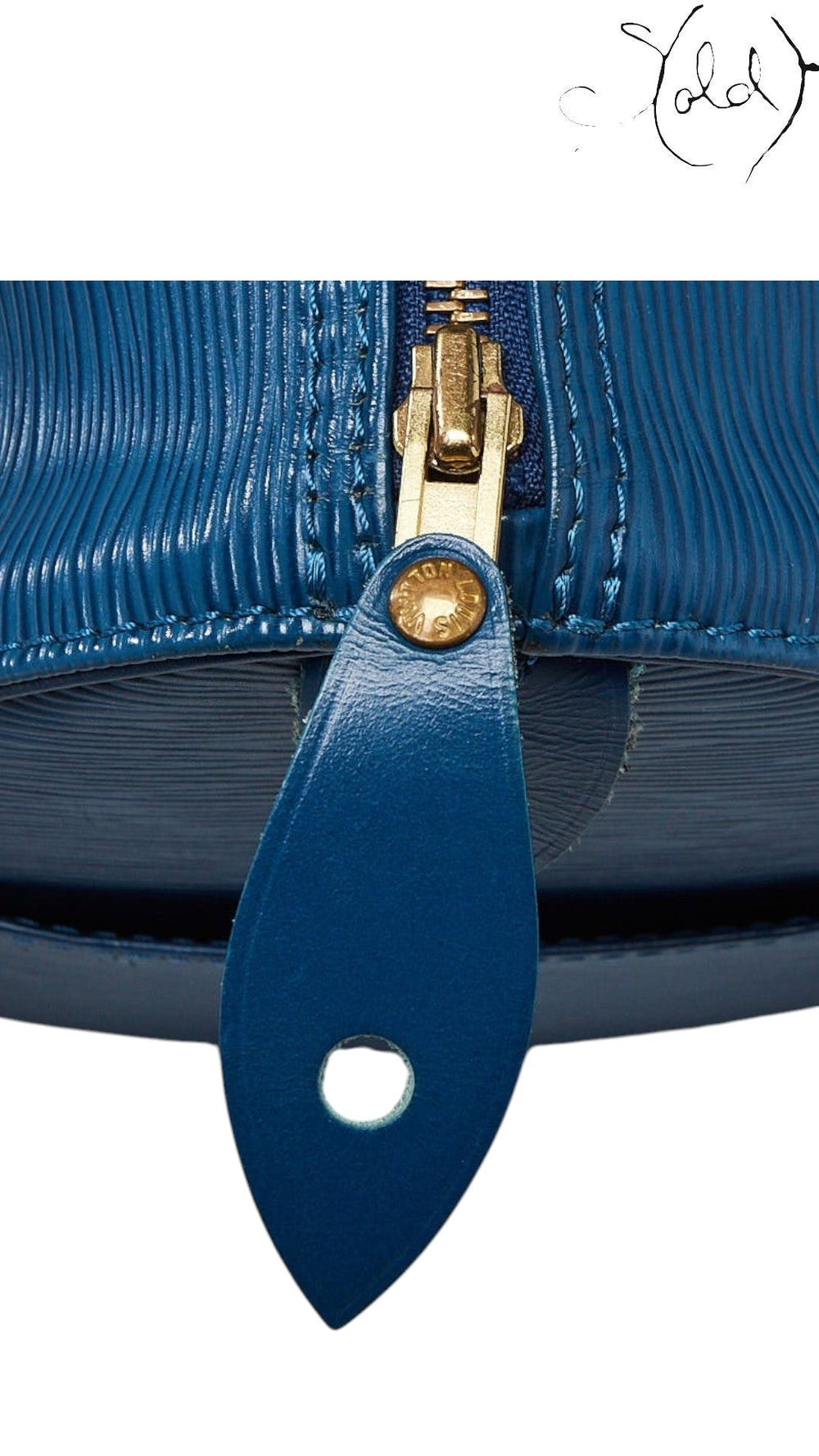 Close-up of the gold-tone zipper pull and blue Epi leather texture on a vintage Sold Attire Louis Vuitton Speedy 30 bag.