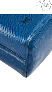 Sold Attire Louis Vuitton Speedy 30 bag in Toledo blue Epi leather with signature grain and embossed LV logo detail.