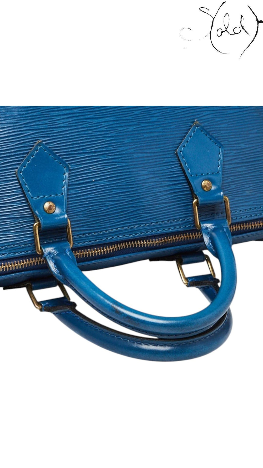 Sold Attire vintage Louis Vuitton Speedy 30 in Toledo blue Epi leather with gold-tone hardware and rolled handles.